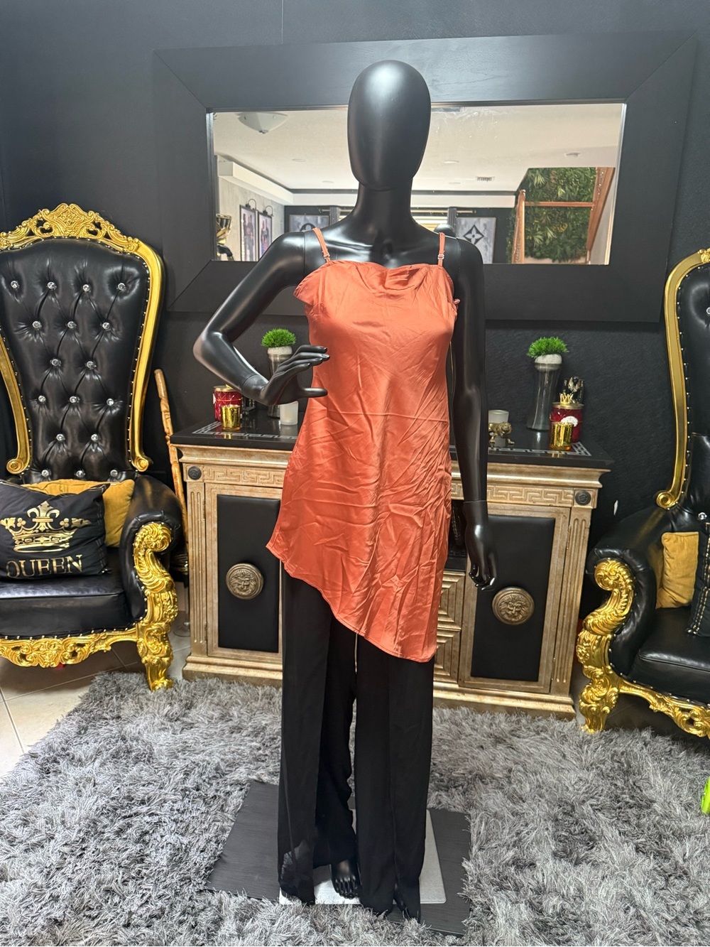 Women's Asymmetric Rust Satin Cami Top set